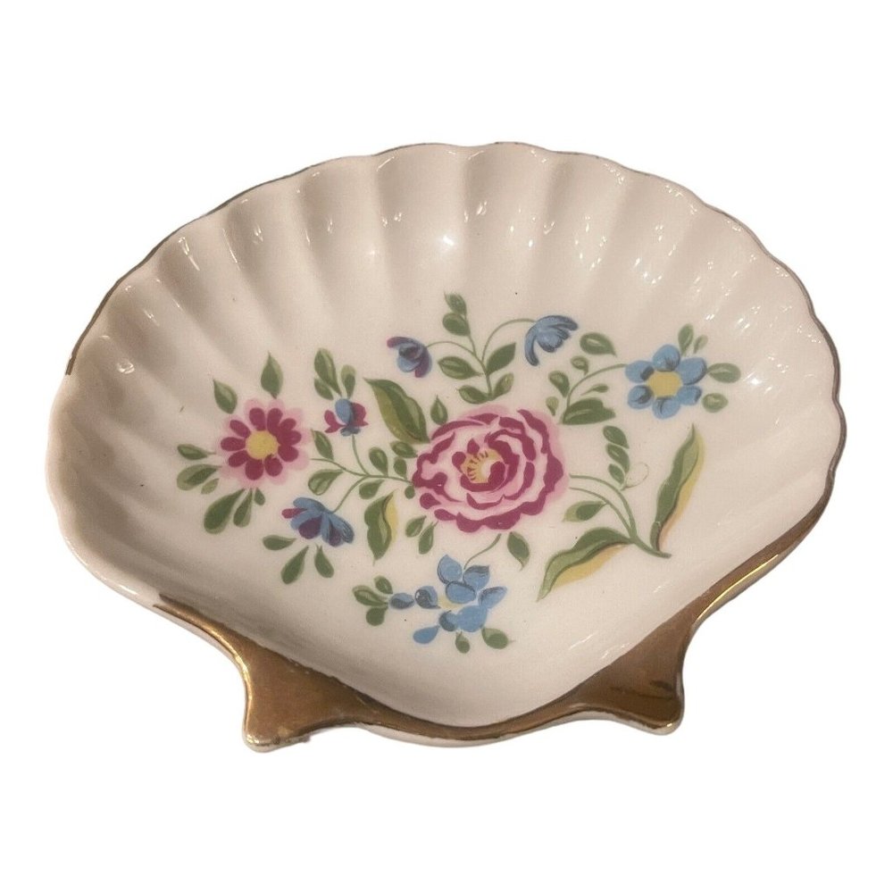 Enesco clam shell trinket soap dish leaves & flowers Red Vintage